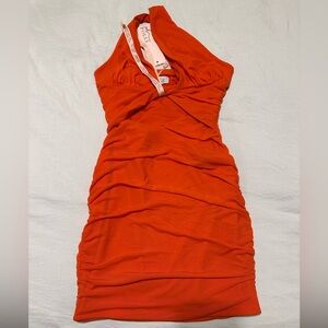 Oh Polly - Red Orange One Shoulder Cut Out Mini Dress